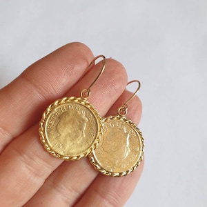 14k gold earrings, coin earrings, dangle coin earrings, coin pendant earrings, antique coin earrings, gold drop earrings, gold coin earrings