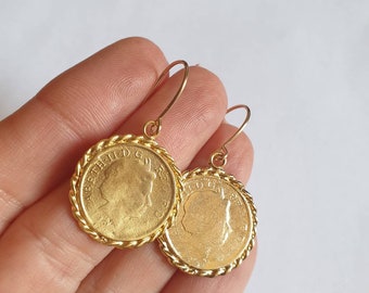 14k gold earrings, coin earrings, dangle coin earrings, coin pendant earrings, antique coin earrings, gold drop earrings, gold coin earrings