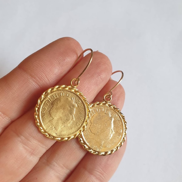 14k gold earrings, coin earrings, dangle coin earrings, coin pendant earrings, antique coin earrings, gold drop earrings, gold coin earrings