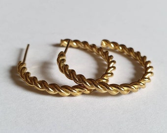 Gold hoop earrings, 14k gold earrings, open hoop earrings, medium hoop earrings, twisted hoops, rope earrings, Hoop stud earrings