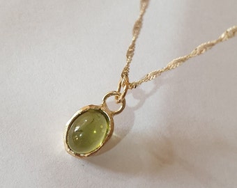 Solid gold necklace, 14k gold necklace, Green Peridot pendant necklace, August birthstone, gift for mom,