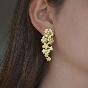 Long flower stud earrings, gold ear climber, gold bridal earrings, yellow gold studs, wedding earrings, gold flower studs