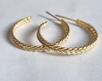 Medium hoop earrings, Gold hoop earrings, braid hoop earrings, open hoop earrings, delicate hoops, hoop stud earrings, solid gold 14k hoops