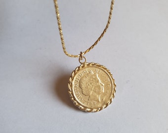 Collar de monedas de oro macizo, collar colgante de monedas de oro, collar antiguo, collar de oro de monedas británicas, collar de oro de 14k