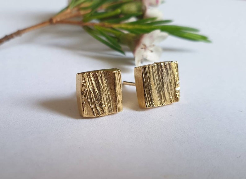 Gold stud earrings, square earrings, square stud earrings, gold earrings studs, gold square studs, rustic stud earrings, small stud earrings 14k gold plating