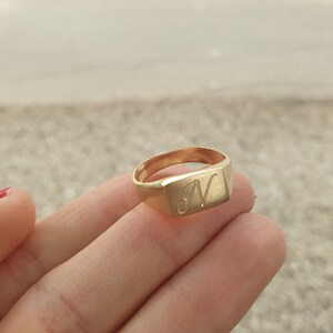 May include: A gold signet ring with the letter "N" engraved on the top.