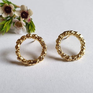 14k Gold studs, Circle earrings, Round stud earrings, Solid gold earrings, 9k gold earrings, Rustic gold earrings, Open circle earrings Boho image 3