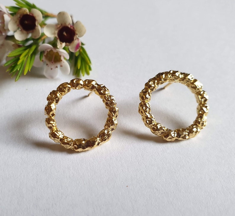 14k Gold studs, Circle earrings, Round stud earrings, Solid gold earrings, 9k gold earrings, Rustic gold earrings, Open circle earrings Boho image 3