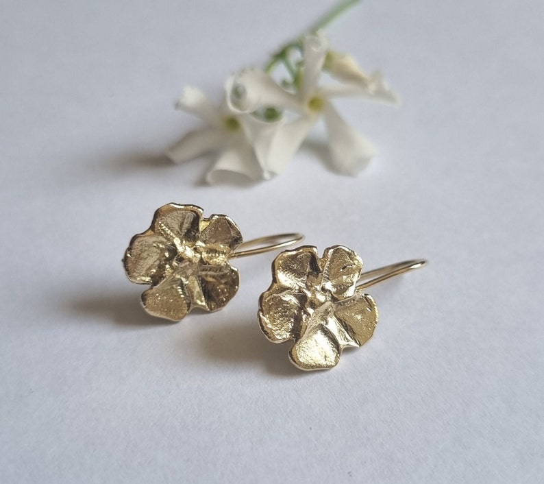 Gold flower earrings, 14k Gold earrings, Drop gold earrings, Solid gold earrings, Romantic earrings, 9k gold earrings, Feminine jewelry image 1