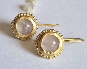 Solid gold drop earrings, Rose quartz earrings, Gold gemstone earrings, Gold drop earrings, Antique style earrings, 14k Gold earrings, 9k