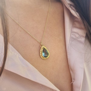 Blue Topaz pendant necklace, 14k gold necklace, Teardrop necklace, Antique style necklace, Gemstone necklace, Vintage style jewelry, 9k Boho image 2