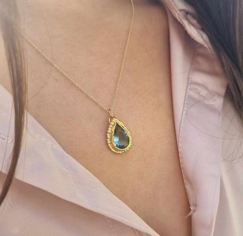 Blue Topaz pendant necklace, 14k gold necklace, Teardrop necklace, Antique style necklace, Gemstone necklace, Vintage style jewelry, 9k Boho image 2