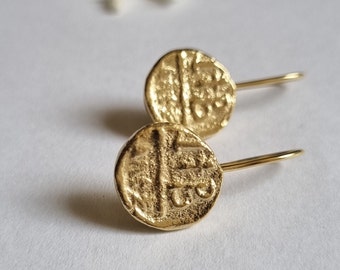 14k Goldohrringe, Goldmünzenohrringe, antike Münzohrringe, römische Münzohrringe, Goldohrringe, Einzigartige Ohrringe, Drop Coin Ohrringe