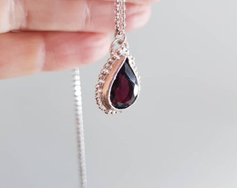 Garnet Necklace, Teardrop Pendant necklace, Pear Garnet necklace, January birthstone necklace, Red Garnet necklace, Silver necklace