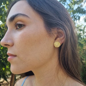 Round stud earrings, 14K Gold studs, Solid gold earrings, Antique style earrings, Romantic jewelry for women, Disc earrings, 9K Gold studs image 2