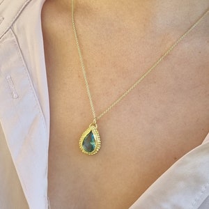 Blue Topaz pendant necklace, 14k gold necklace, Teardrop necklace, Antique style necklace, Gemstone necklace, Vintage style jewelry, 9k Boho image 9