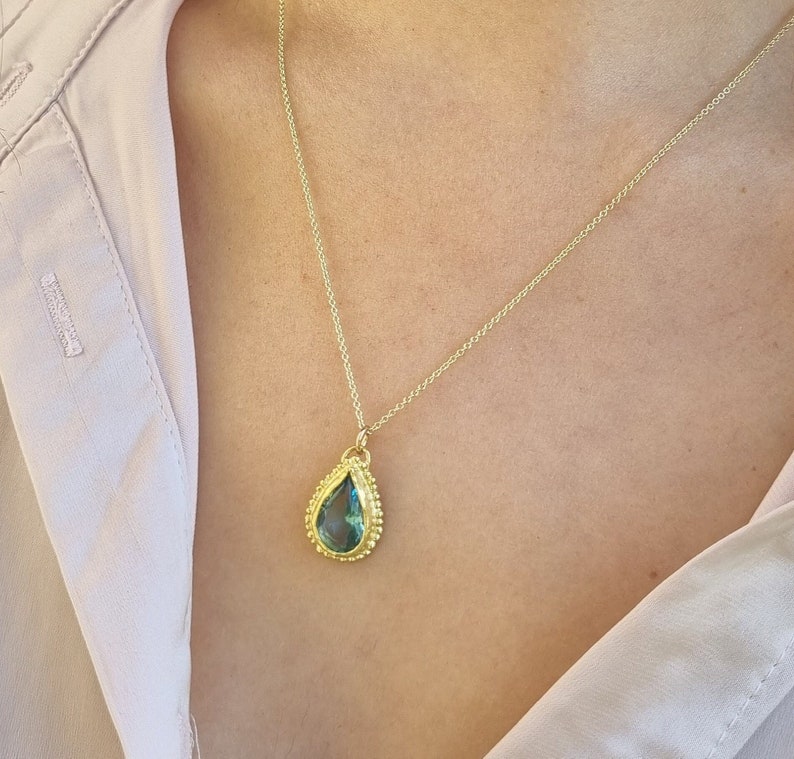 Blue Topaz pendant necklace, 14k gold necklace, Teardrop necklace, Antique style necklace, Gemstone necklace, Vintage style jewelry, 9k Boho image 9