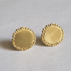 Round stud earrings, 14K Gold studs, Solid gold earrings, Antique style earrings, Romantic jewelry for women, Disc earrings, 9K Gold studs image 7