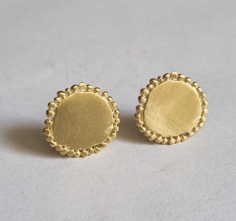 Round stud earrings, 14K Gold studs, Solid gold earrings, Antique style earrings, Romantic jewelry for women, Disc earrings, 9K Gold studs image 7
