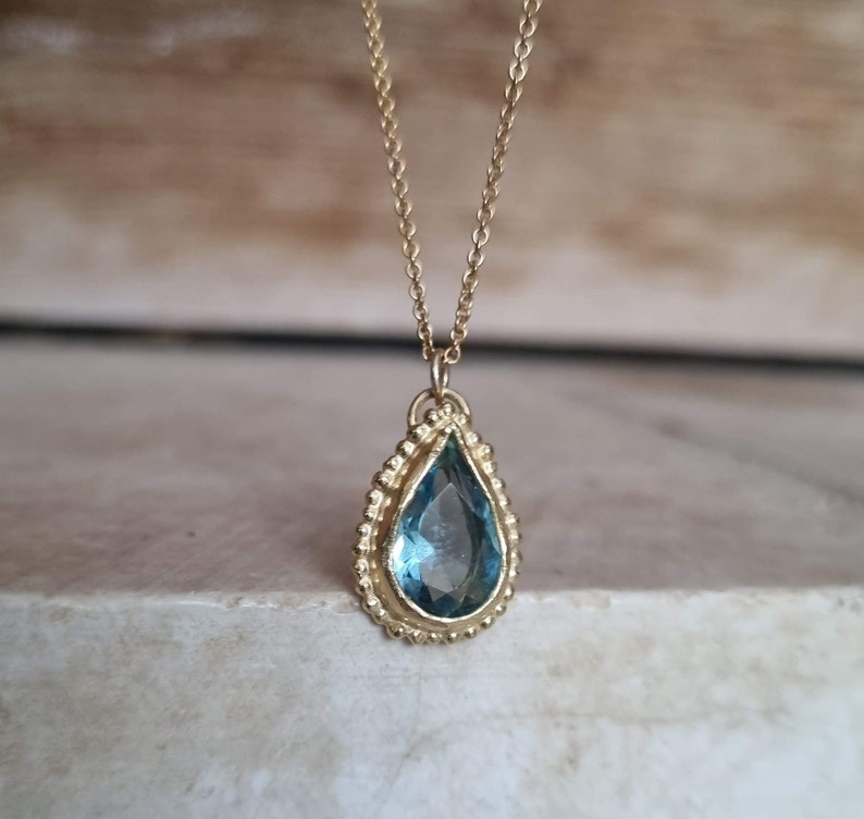 Blue Topaz pendant necklace, 14k gold necklace, Teardrop necklace, Antique style necklace, Gemstone necklace, Vintage style jewelry, 9k Boho image 3