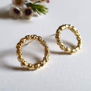 14k Gold studs, Circle earrings, Round stud earrings, Solid gold earrings, 9k gold earrings, Rustic gold earrings, Open circle earrings Boho image 5