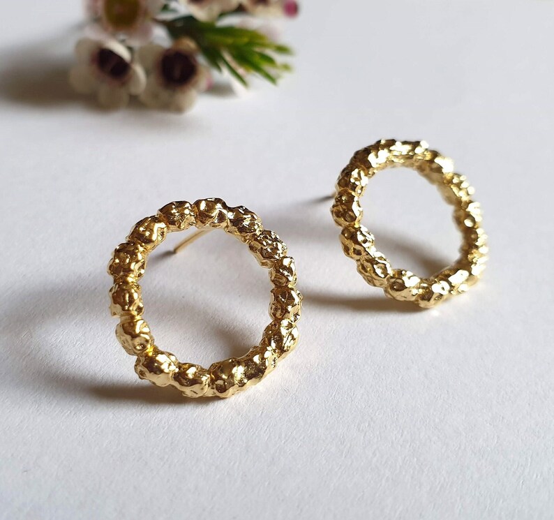 14k Gold studs, Circle earrings, Round stud earrings, Solid gold earrings, 9k gold earrings, Rustic gold earrings, Open circle earrings Boho image 5