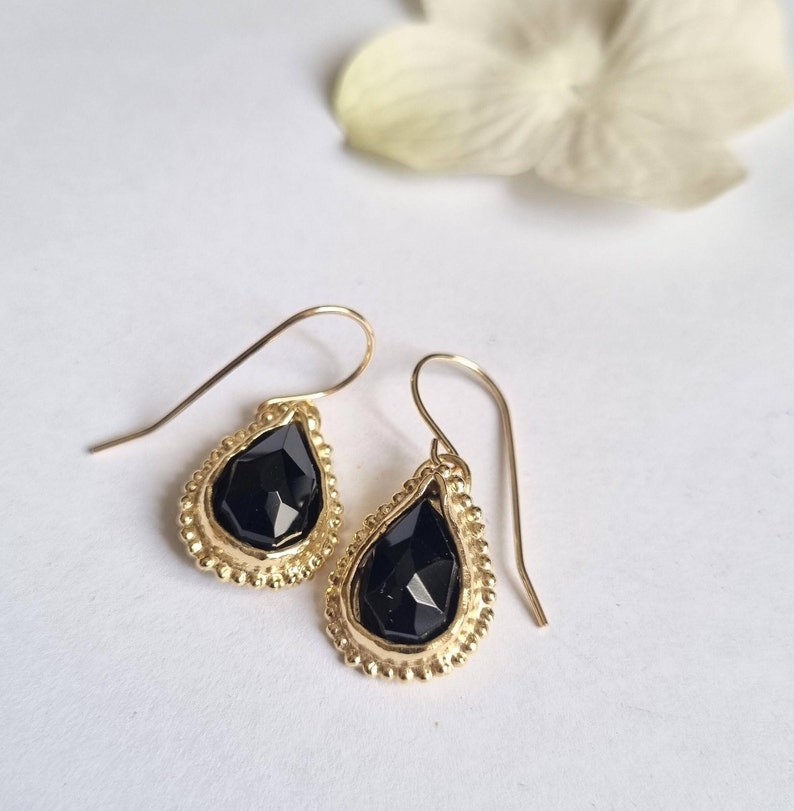 Onyx earrings, Dangle gold earrings, 14k Gold earrings, Teardrop gemstone earrings, Antique style earrings, Romantic jewelry women, Solid 9K zdjęcie 7