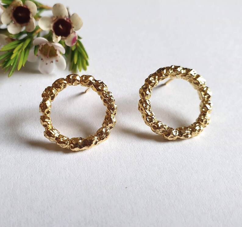 14k Gold studs, Circle earrings, Round stud earrings, Solid gold earrings, 9k gold earrings, Rustic gold earrings, Open circle earrings Boho image 9