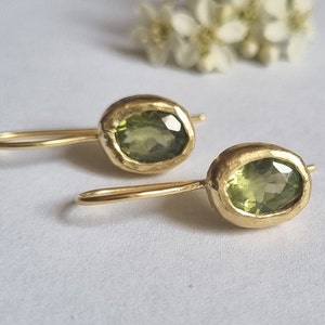 Peridot earrings, Gold drop earrings, Gemstone earrings, 14k Gold earrings, oval earrings, Green gold earrings, August birthstone earrings