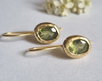 Peridot earrings, Gold drop earrings, Gemstone earrings, 14k Gold earrings, oval earrings, Green gold earrings, August birthstone earrings