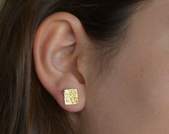 Solid gold studs, Small gold earrings, Square gold studs, Gold stud earrings, Geometric gold studs, Rustic studs, Hammered earrings, 14k 9k