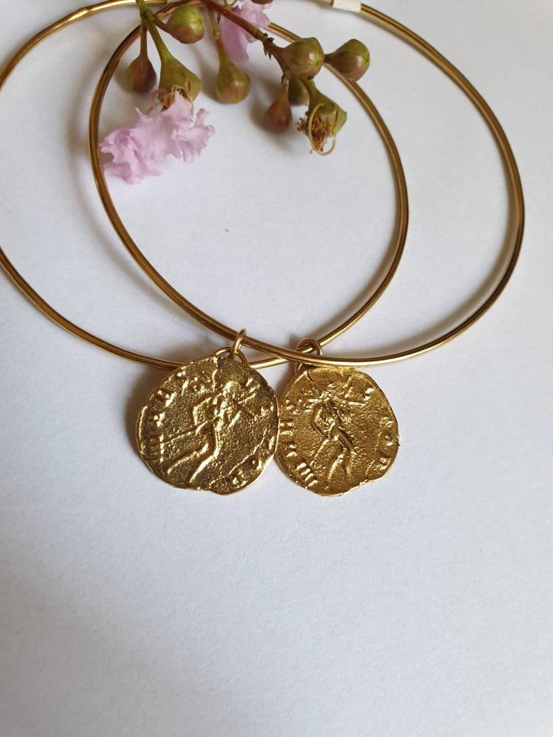 Gold bangle bracelet with coin charm, gold coin bracelet for women image 8