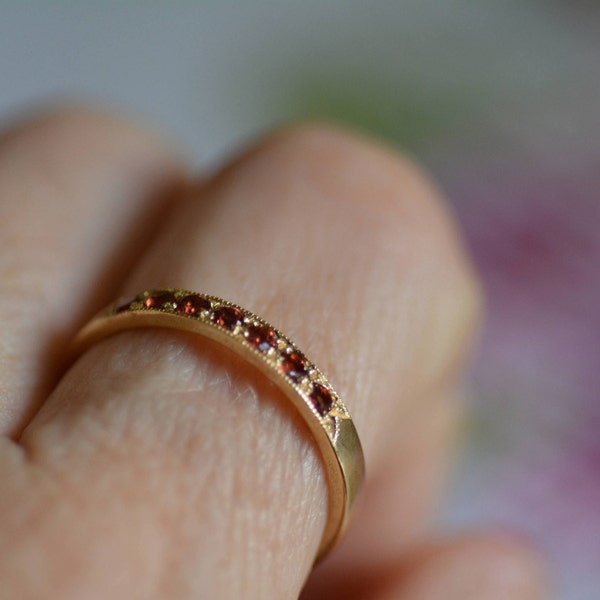 Garnet half eternity ring, garnet stacking ring, stacking gemstone rings, January birthstone ring, garnet gold ring comfort fit rings