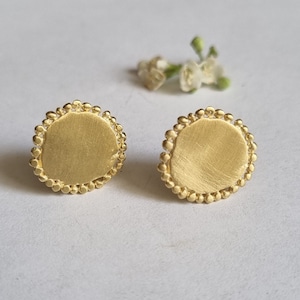 Round stud earrings, 14K Gold studs, Solid gold earrings, Antique style earrings, Romantic jewelry for women, Disc earrings, 9K Gold studs image 1