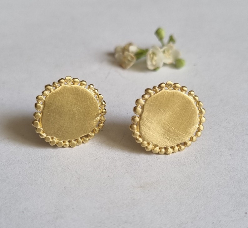 Round stud earrings, 14K Gold studs, Solid gold earrings, Antique style earrings, Romantic jewelry for women, Disc earrings, 9K Gold studs image 1