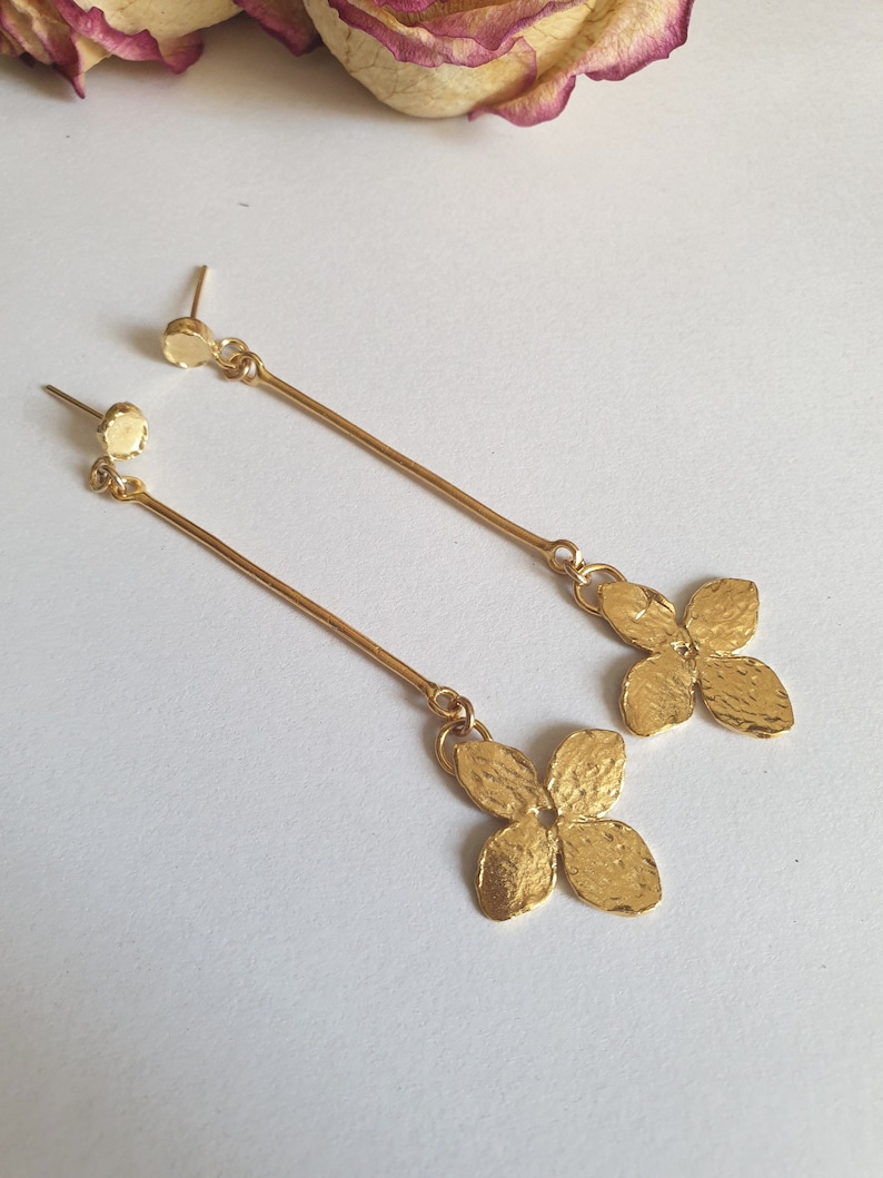 Gold flower earrings, Drop stud earrings, Long gold earrings, Bridal earrings, Romantic jewelry for women, Statement silver earrings, Dangle image 1