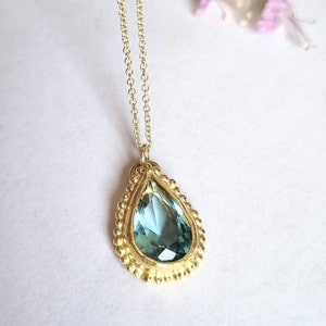 Blue Topaz pendant necklace, 14k gold necklace, Teardrop necklace, Antique style necklace, Gemstone necklace, Vintage style jewelry, 9k Boho image 7