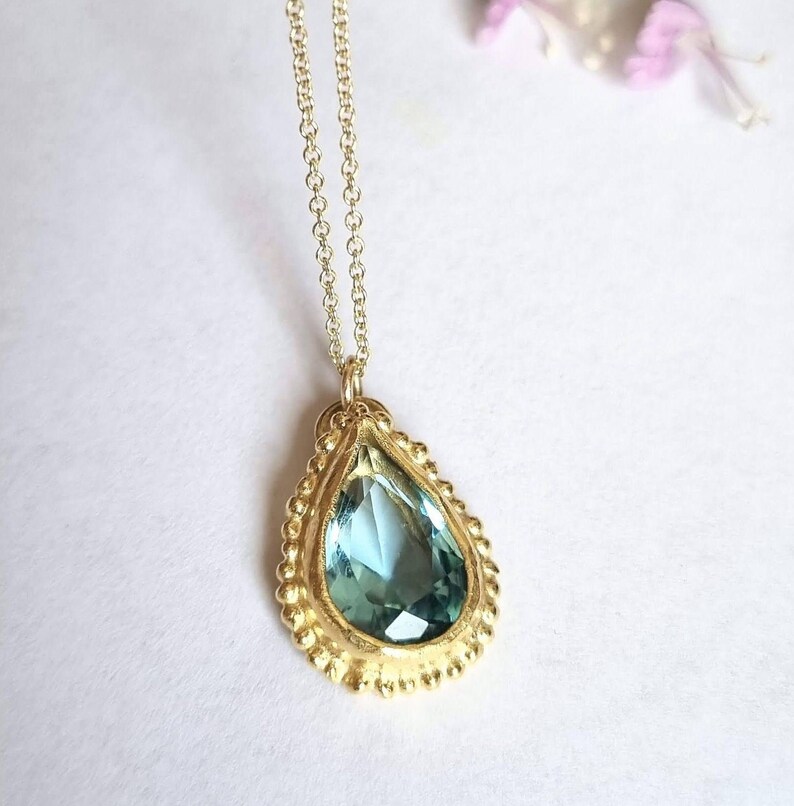 Blue Topaz pendant necklace, 14k gold necklace, Teardrop necklace, Antique style necklace, Gemstone necklace, Vintage style jewelry, 9k Boho image 7