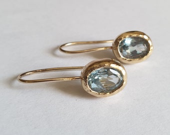 Gold Blue Topaz earrings, 14k gold earrings, 14k Blue Topaz earrings, December birthstone earrings, gold drop earrings, oval earrings