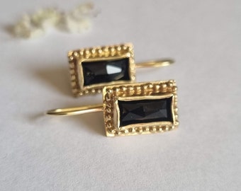 Onyx earrings, Gold drop earrings, Baguette earrings, Antique style jewelry, Gemstone silver earrings, Dainty jewelry women, Black earrings