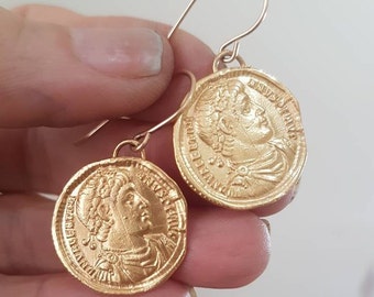 Gold coin earrings, antique coin earrings, dangle coin earrings, antique earrings, Greek coin earrings, delicate gold earrings, roman