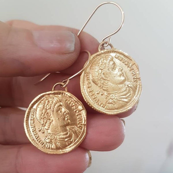 Gold coin earrings, antique coin earrings, dangle coin earrings, antique earrings, Greek coin earrings, delicate gold earrings, roman