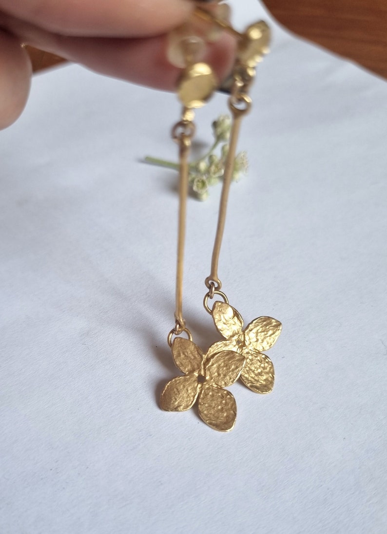Gold flower earrings, Drop stud earrings, Long gold earrings, Bridal earrings, Romantic jewelry for women, Statement silver earrings, Dangle image 8