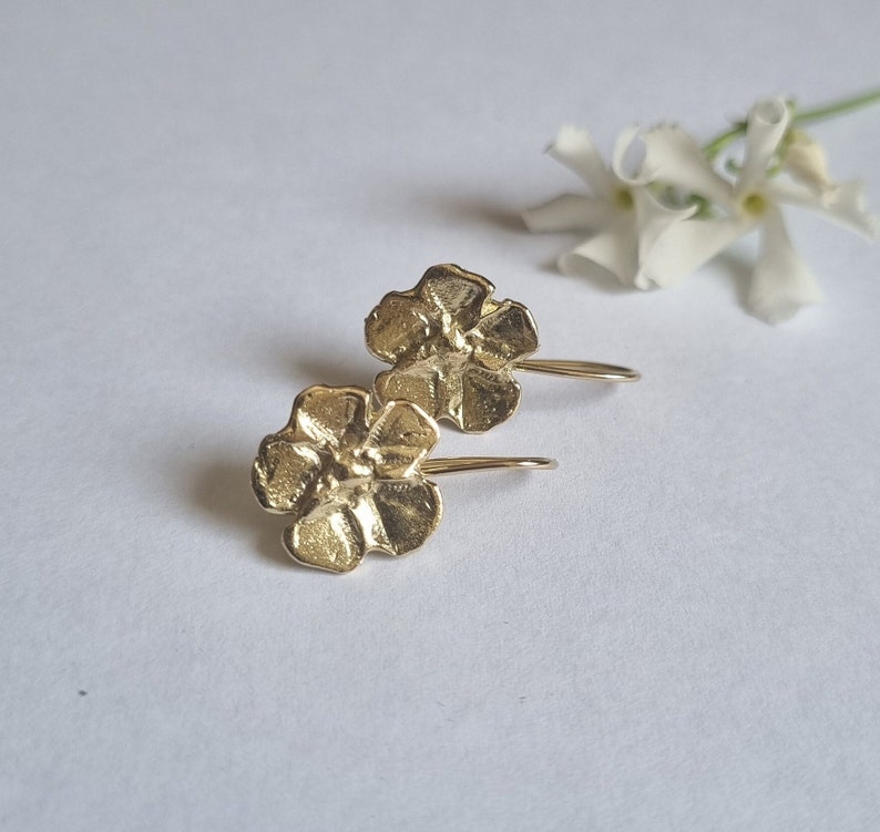 Gold flower earrings, 14k Gold earrings, Drop gold earrings, Solid gold earrings, Romantic earrings, 9k gold earrings, Feminine jewelry image 2