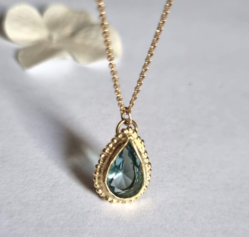 Blue Topaz pendant necklace, 14k gold necklace, Teardrop necklace, Antique style necklace, Gemstone necklace, Vintage style jewelry, 9k Boho image 4