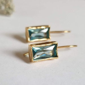 Blue topaz earrings, Gold drop earrings, Gemstone silver earrings, Dainty jewelry for women, Drop earrings, Baguette earrings, Rectangular