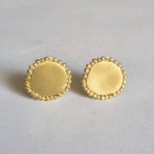 Round stud earrings, 14K Gold studs, Solid gold earrings, Antique style earrings, Romantic jewelry for women, Disc earrings, 9K Gold studs image 3