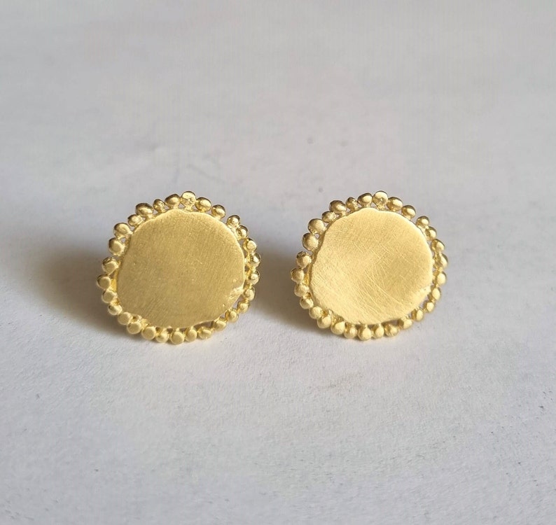 Round stud earrings, 14K Gold studs, Solid gold earrings, Antique style earrings, Romantic jewelry for women, Disc earrings, 9K Gold studs image 3