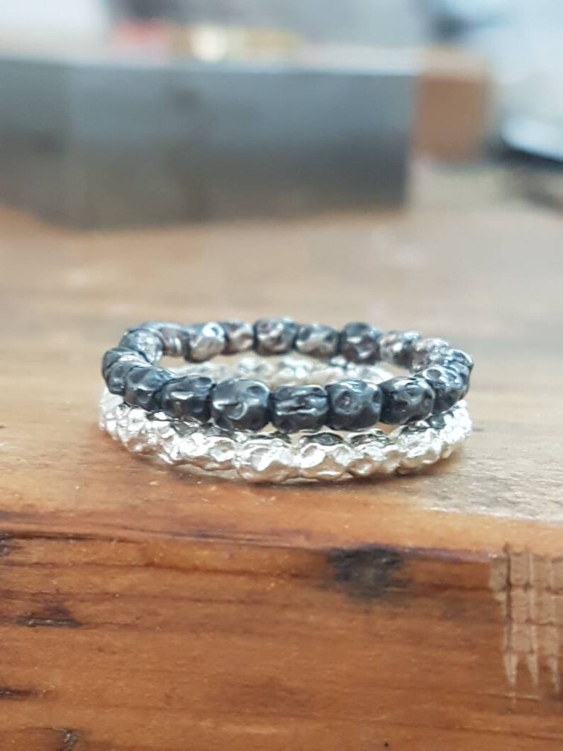 silver ring set Wedding band women simple ring band silver wedding ring stackable rings for women textured beads ring set