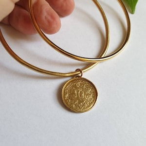 Gold bangle bracelet, coin charm bracelet, bangle bracelet for women, gold charm bracelet, stacking bracelets, hoop bracelet
